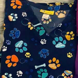 Lot of 3 large scrub tops, koi, Cherokee and paw print